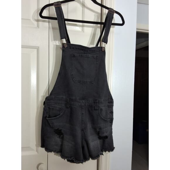 FOREVER 21 Black DENIM Distressed CUTOFF Shorts Overalls Sz 10 Punk Grunge Metal - Picture 1 of 8